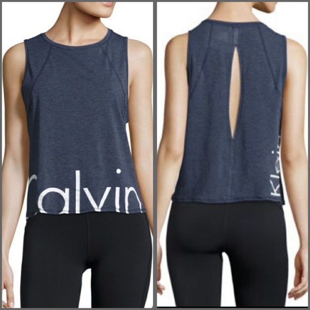 CALVIN KLEIN shirt gray monogram sleeveless keyhole back top XS‎